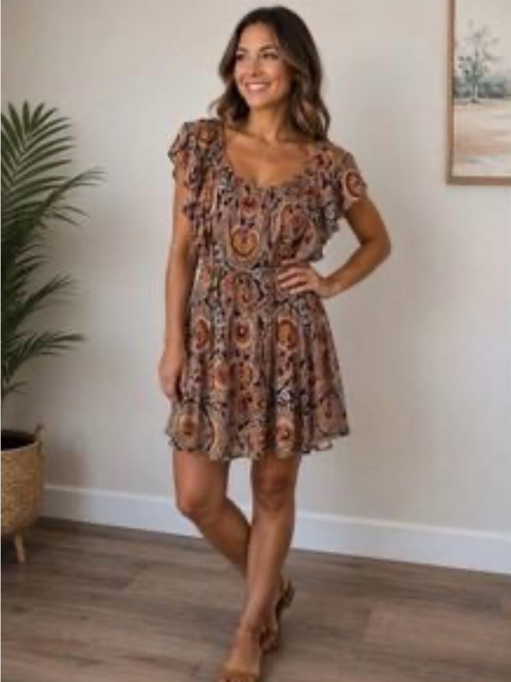 NWT! Cynthia Rowley Women's Rust Paisley Ruffle Tie Waist Dress Size M